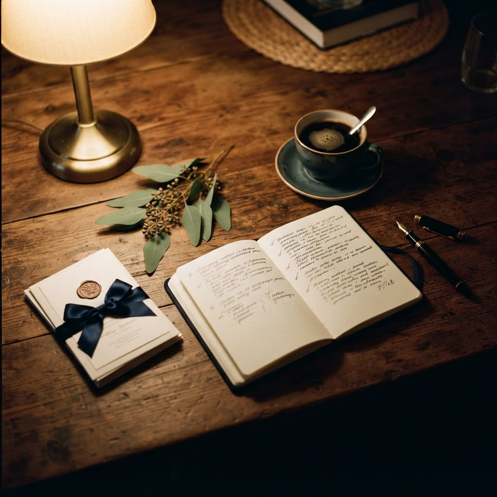 Table en bois le soir, éclairée par une lampe chaude, avec un carnet ouvert rempli de notes manuscrites, un faire-part de mariage, une tasse de café et une branche d'eucalyptus.